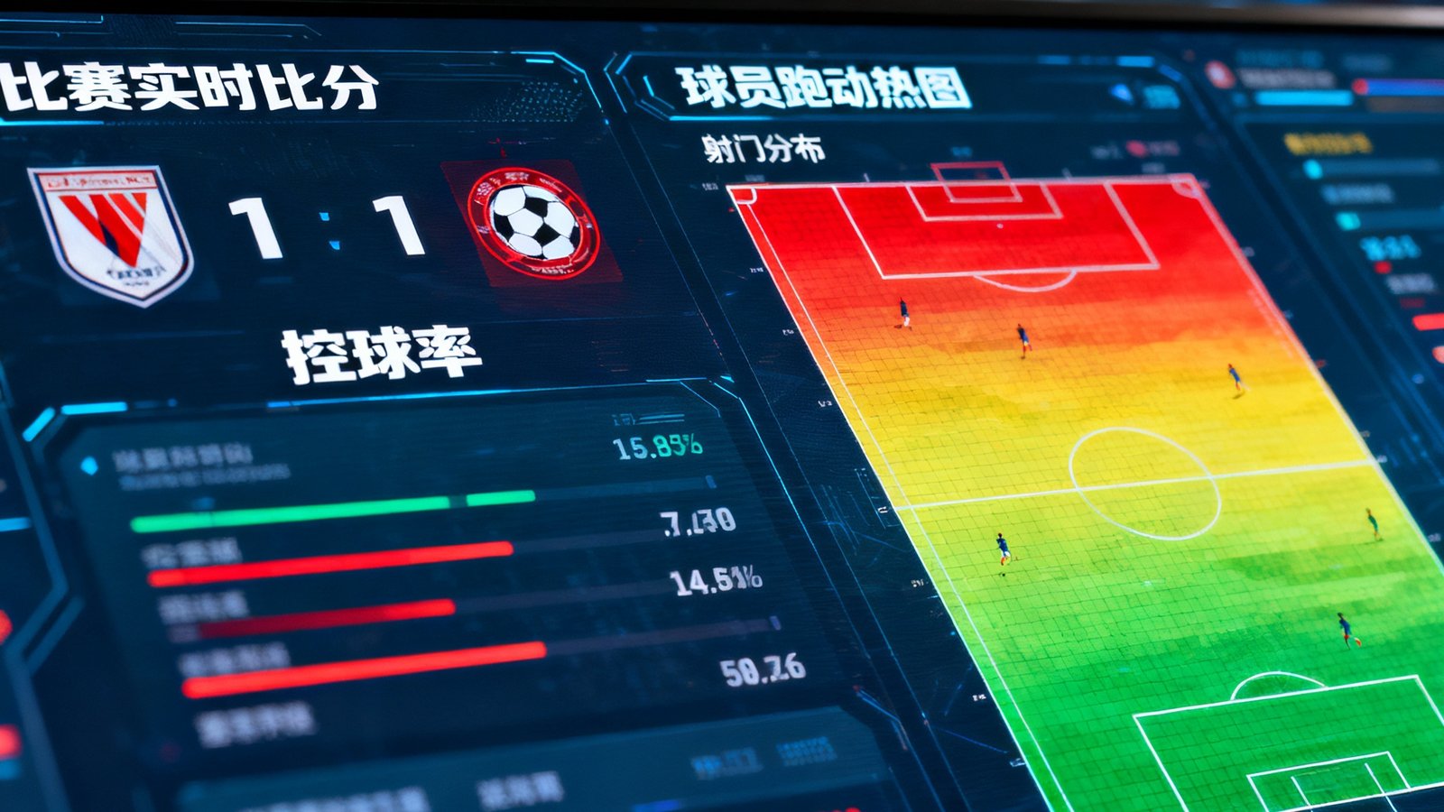 足球实时数据大屏展示：左侧为比赛实时比分与控球率，右侧为球员跑动热图与射门分布